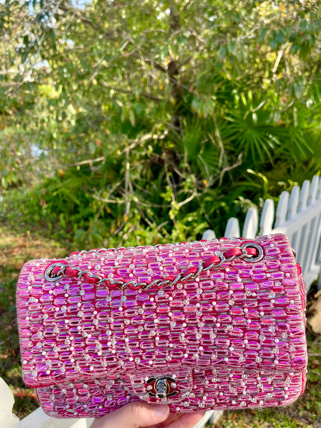 Chanel Pink Beaded Satin Medium Double Flap Bag