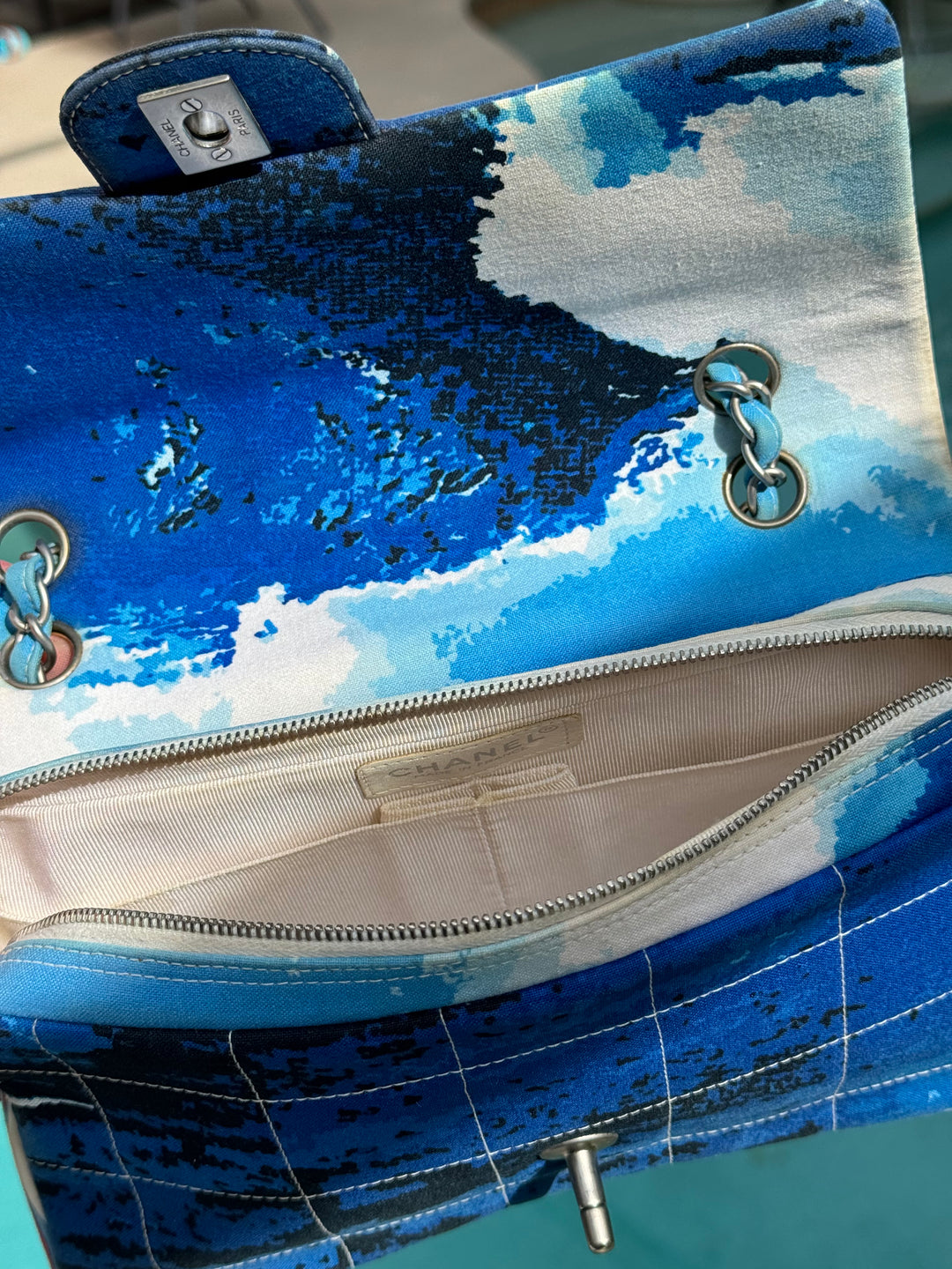 Chanel Surf Line Choco Bar Flap Blue Canvas Silver Hardware 2002