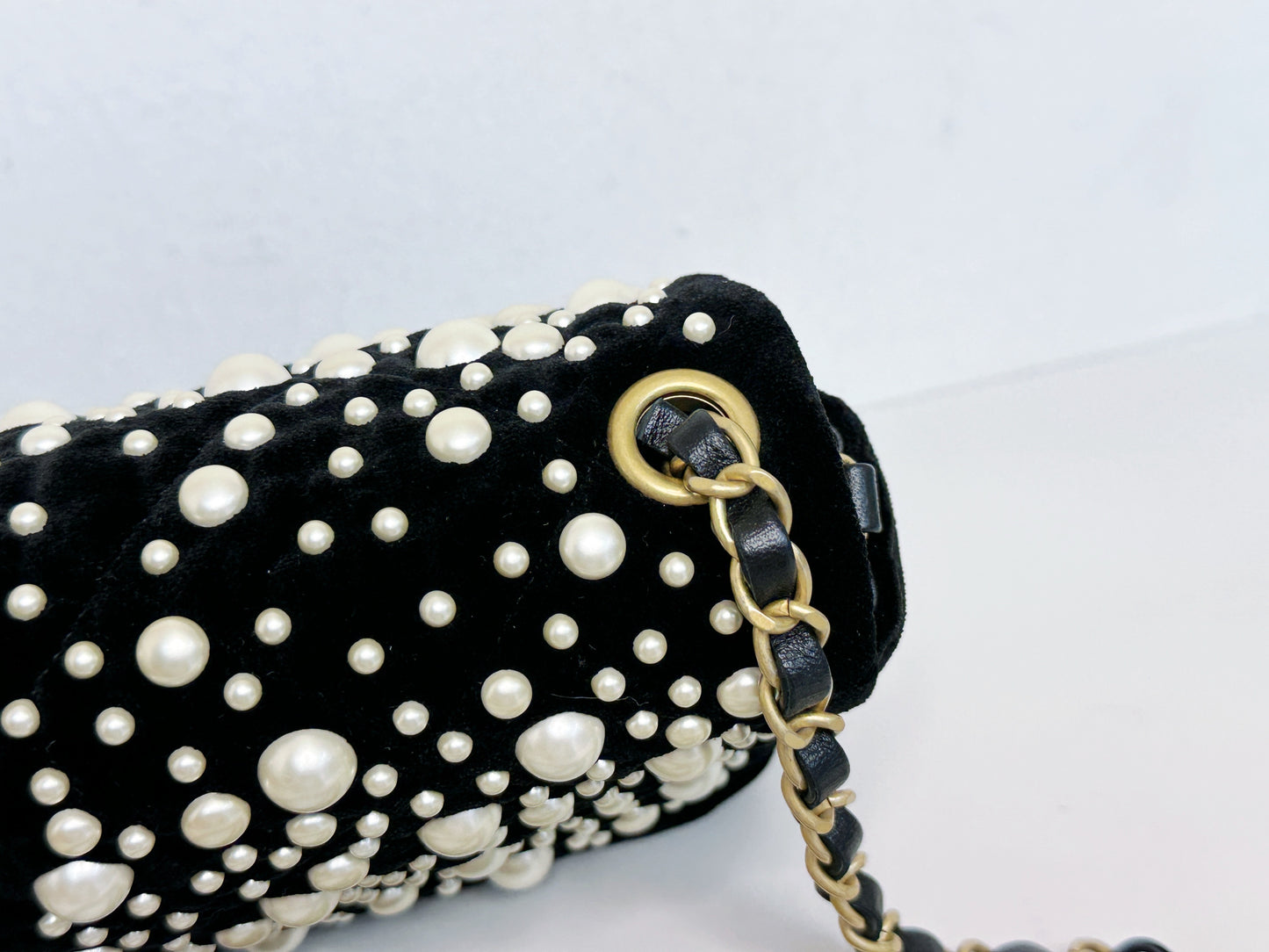 Chanel Black Velvet Mini Pearl Flap Bag
