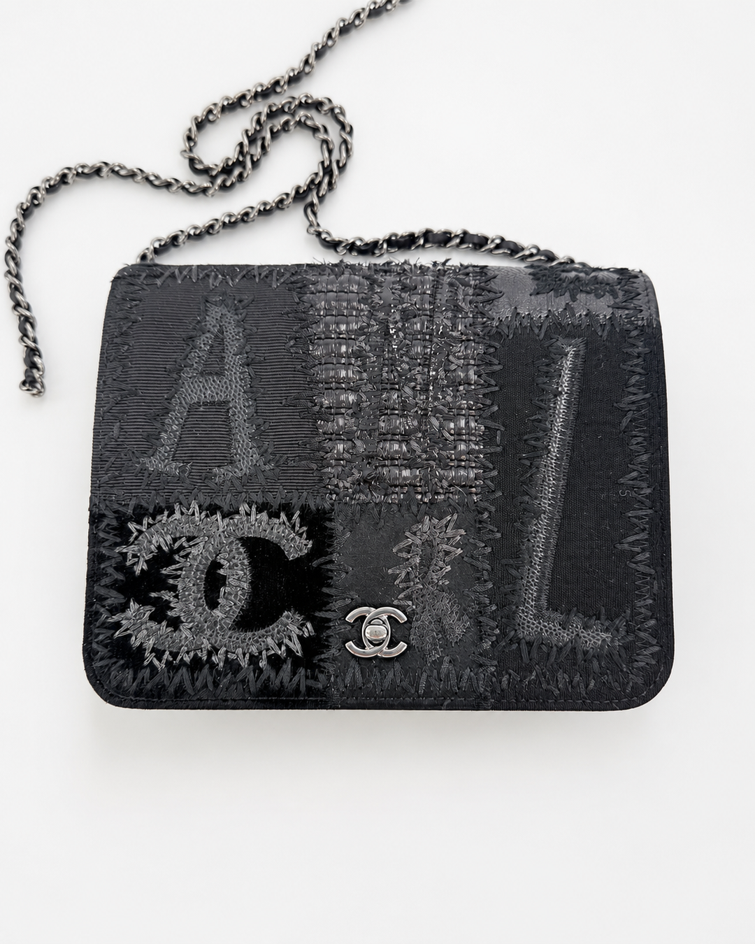 Chanel Black Mixed Media Patchwork Square Wallet on Chain Silver Hardware 2018