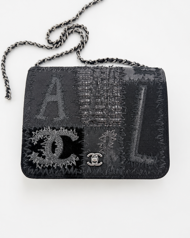 Chanel Black Mixed Media Patchwork Square Wallet on Chain Silver Hardware 2018