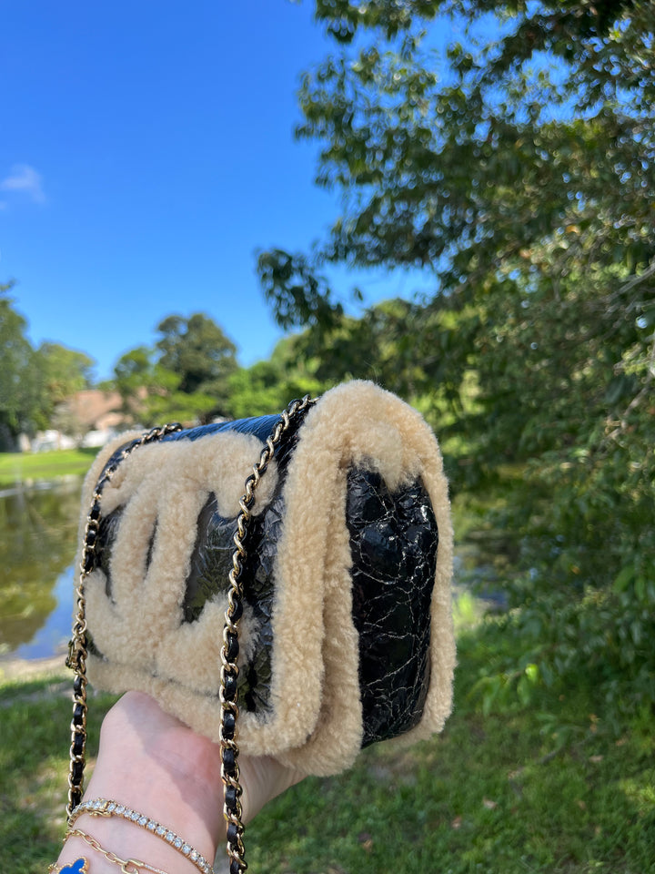 Chanel Black Shiny Crumpled Sheepskin and Shearling Mania Flap