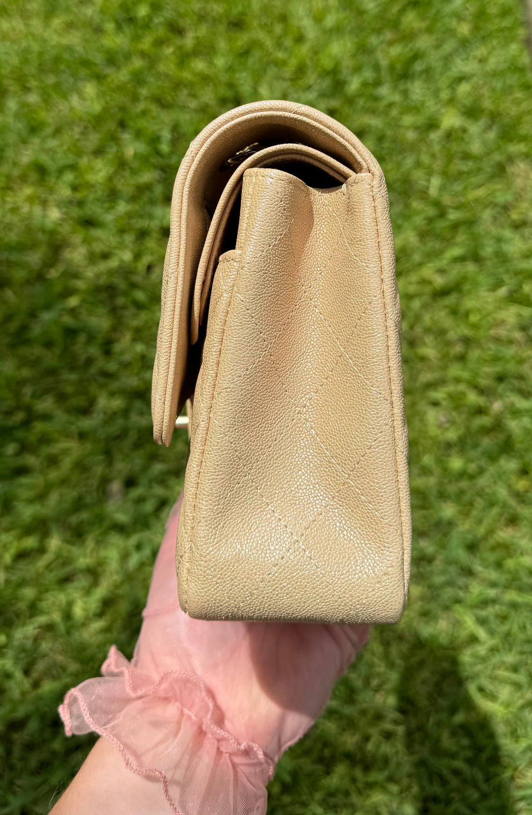 Chanel 19S Beige Iridescent Medium Caviar Classic Flap