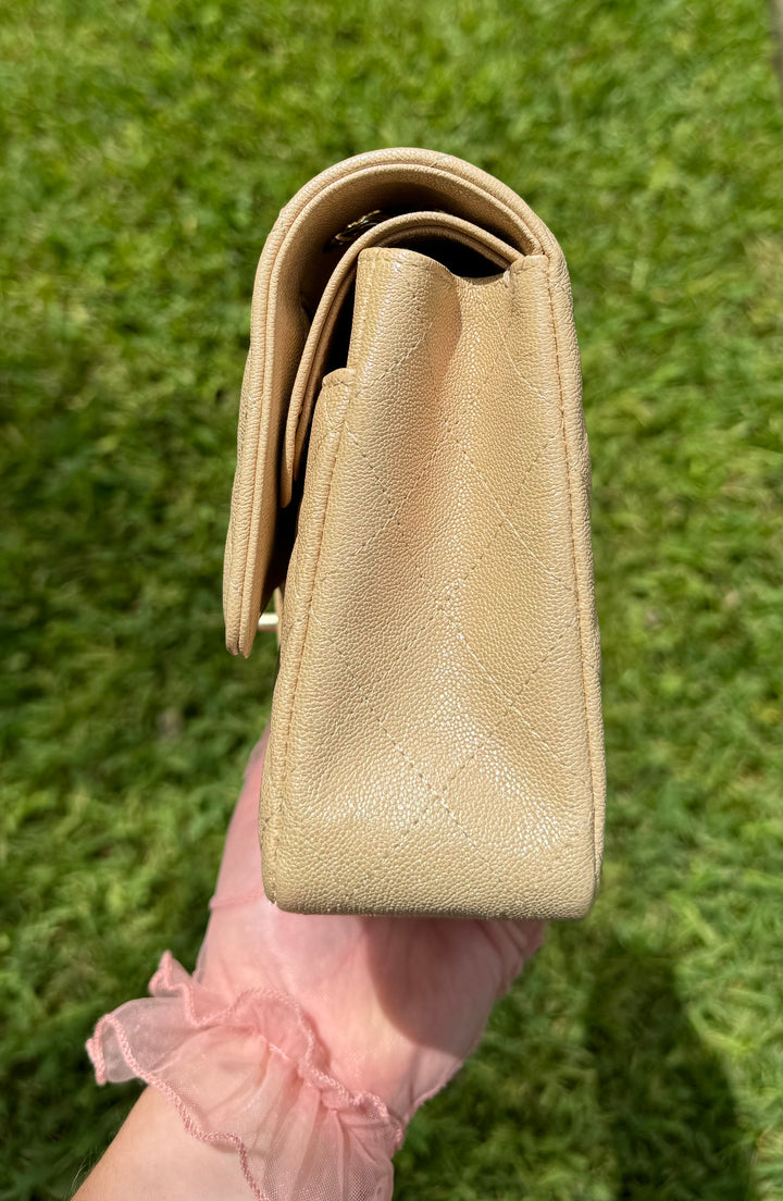 Chanel 19S Beige Iridescent Medium Caviar Classic Flap
