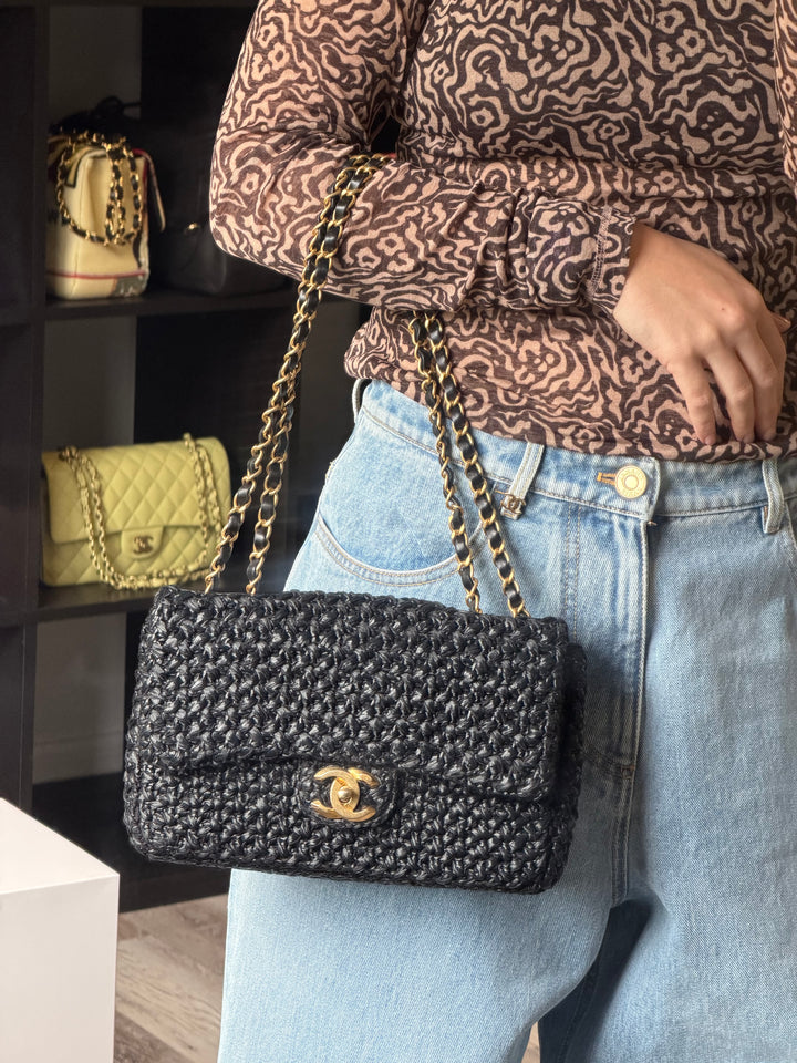 Chanel 18C Black Ancient Greece Raffia Crochet Flap Bag