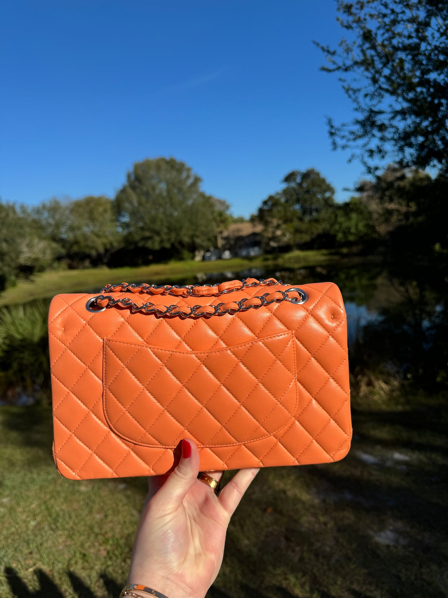 Chanel 21S Orange Neon Lambskin Medium Flap Bag