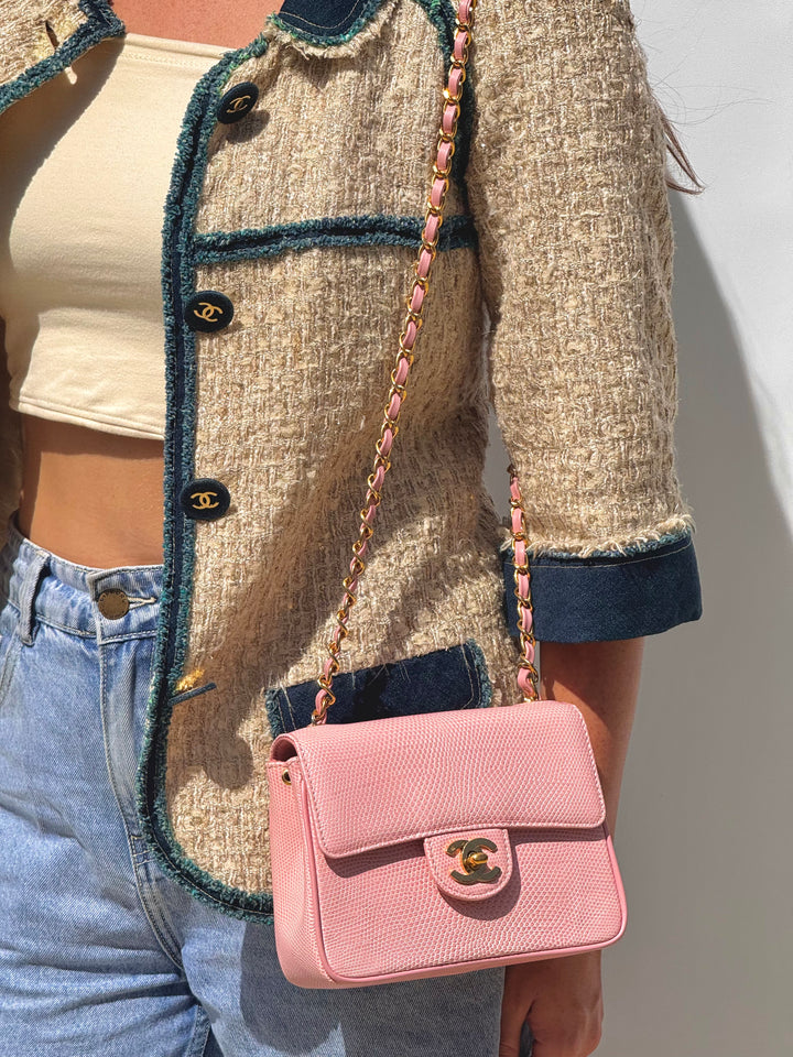 Chanel Sakura Pink Vintage Lizard Mini Square Flap Bag
