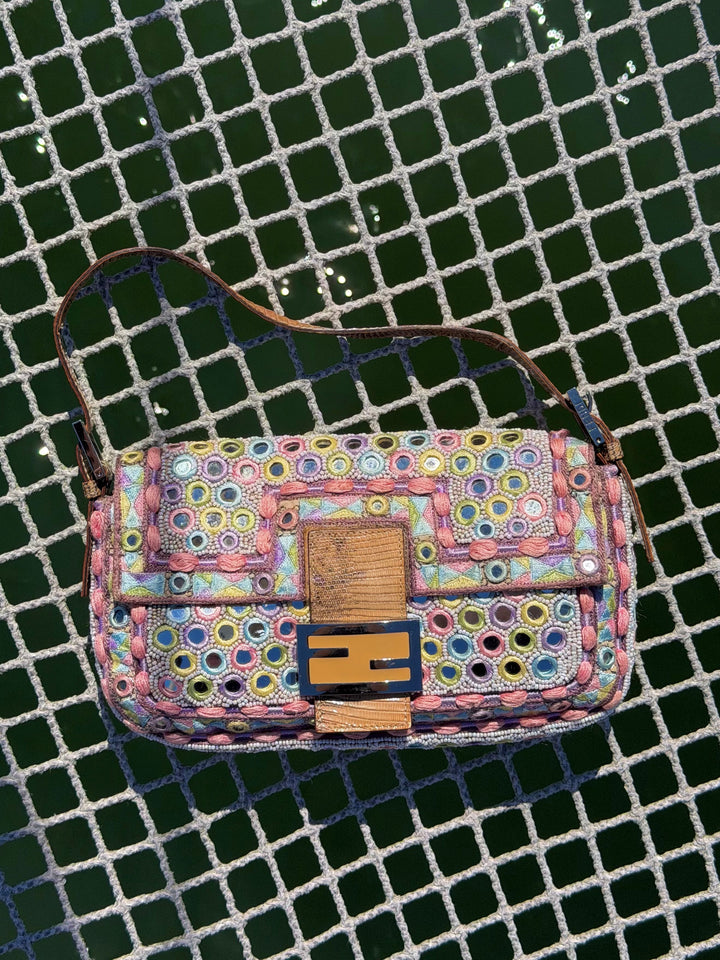 Fendi Baguette Mirror Specchietti Bag Multicolor Silk Embroidery & Beading Lizard Trim 2009
