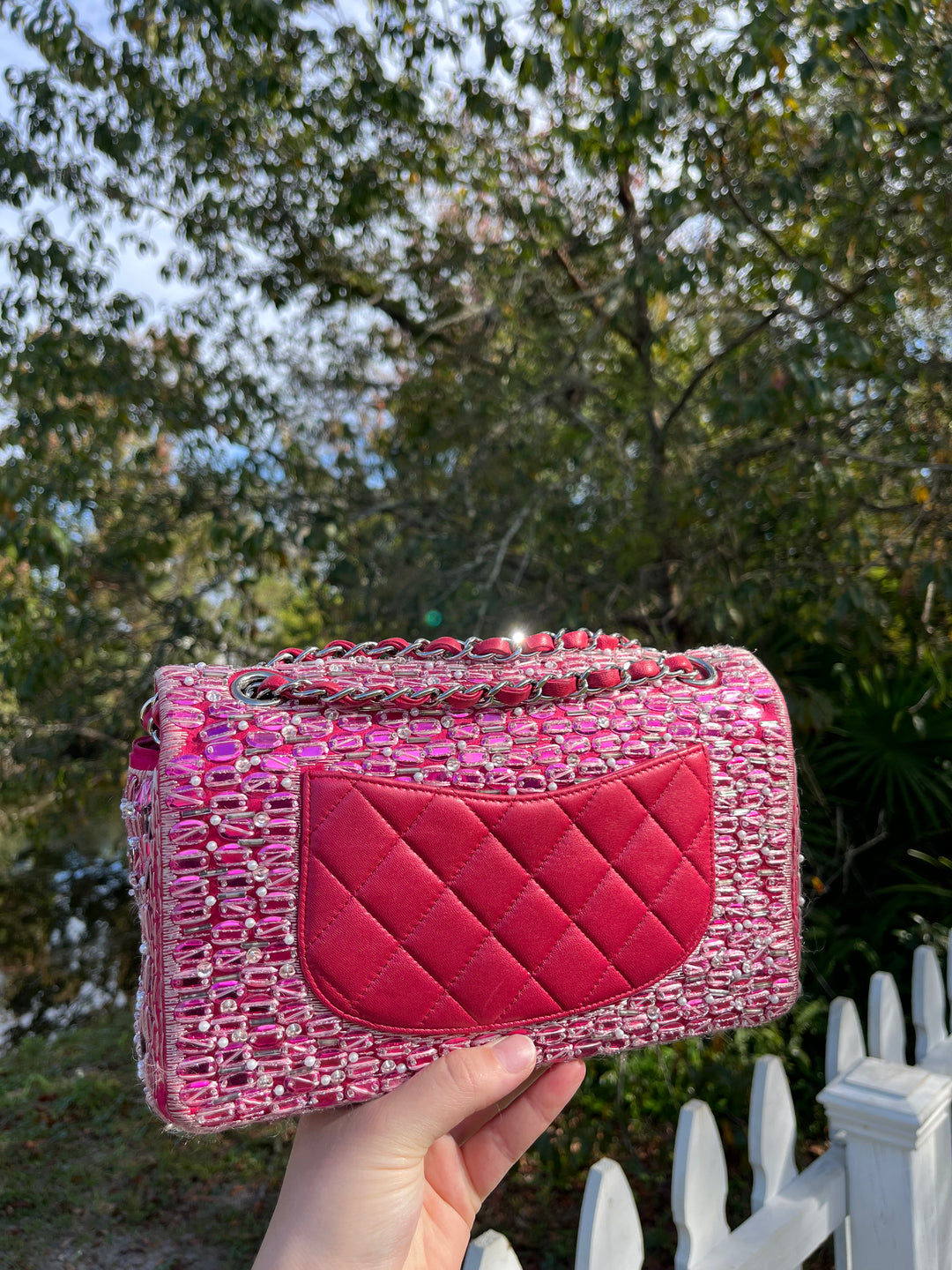 Chanel Pink Beaded Satin Medium Double Flap Bag