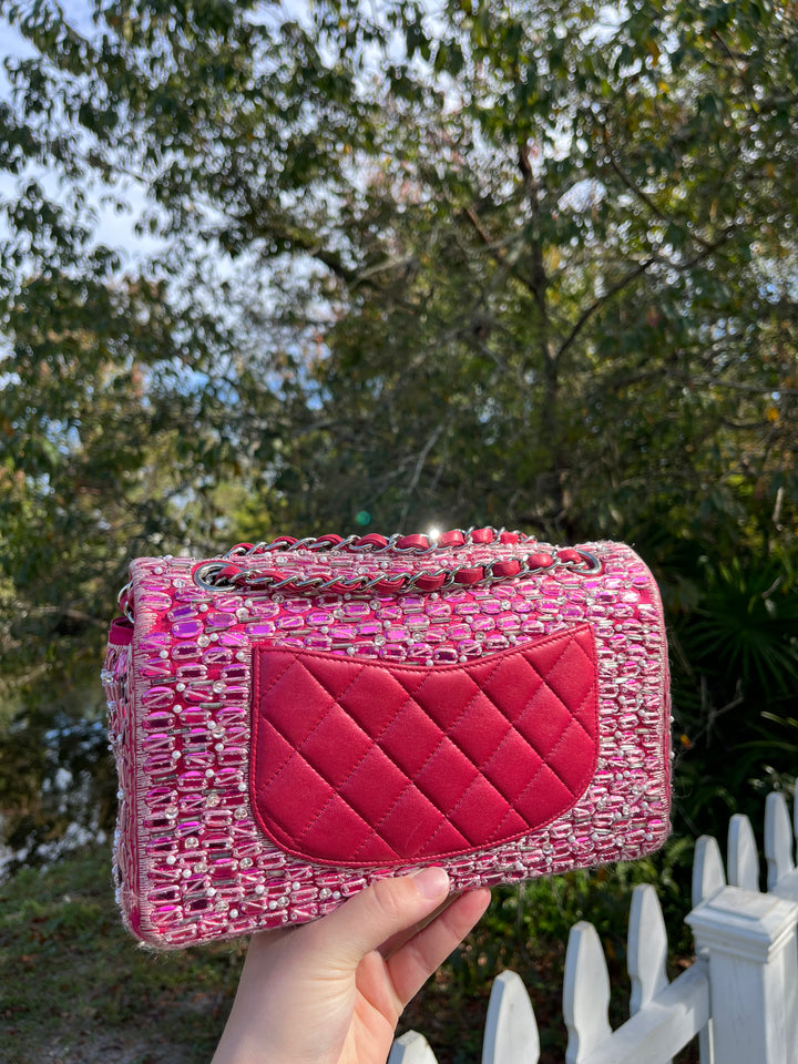 Chanel Pink Beaded Satin Medium Double Flap Bag