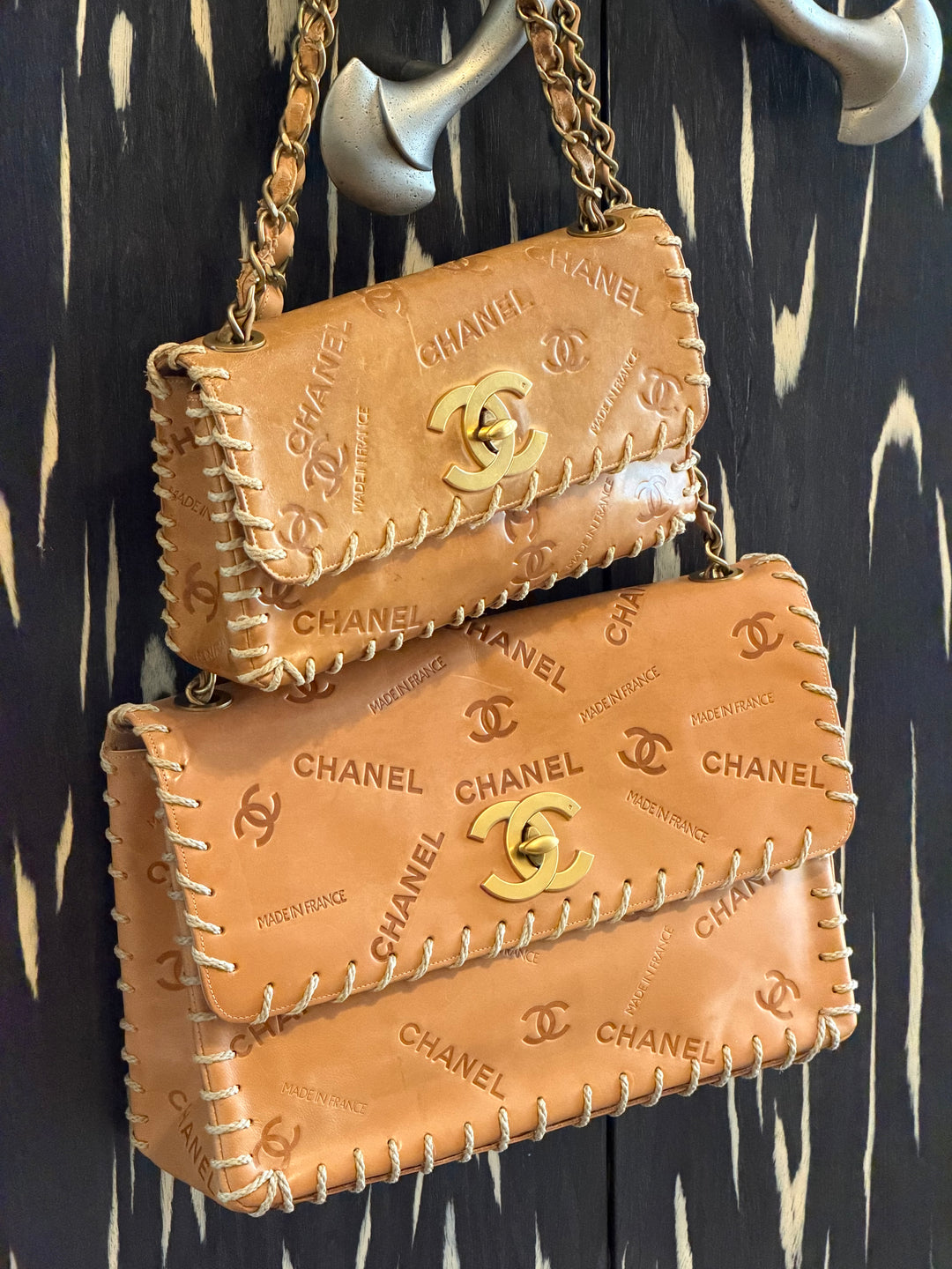 Chanel Half Flap Bag Tan Debossed Logo Calfskin Whipstitched Gold Hardware 1994