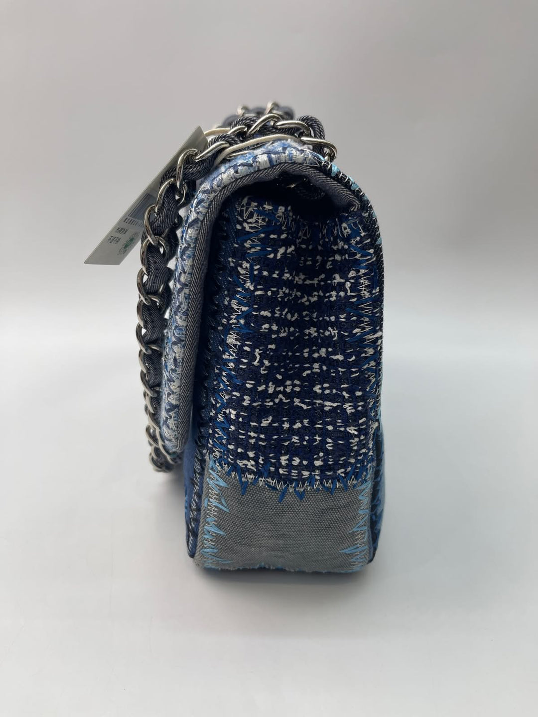 Chanel Jumbo Single Flap Patchwork Denim Blue Tweed Textile Leather Silver Hardware 2015