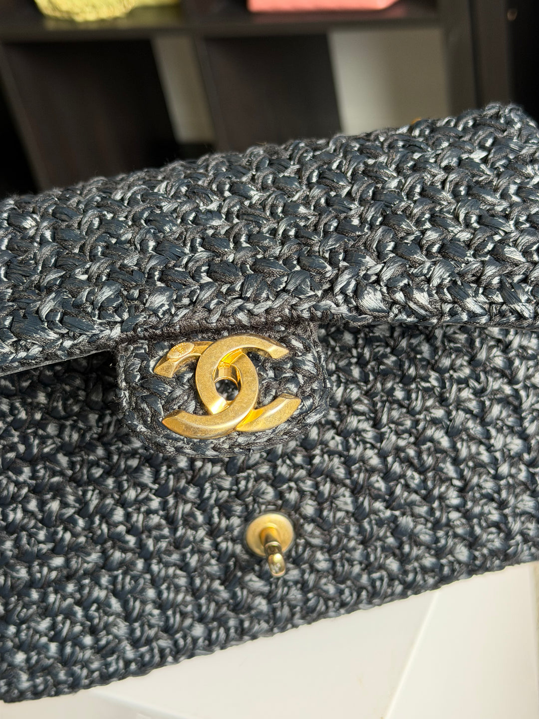 Chanel 18C Black Ancient Greece Raffia Crochet Flap Bag