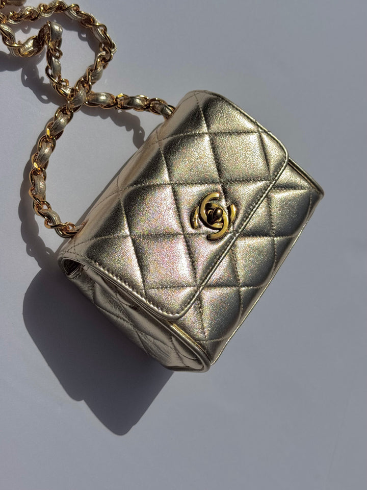 Chanel 1994 Vintage Metallic Gold Extra Mini Flap Bag