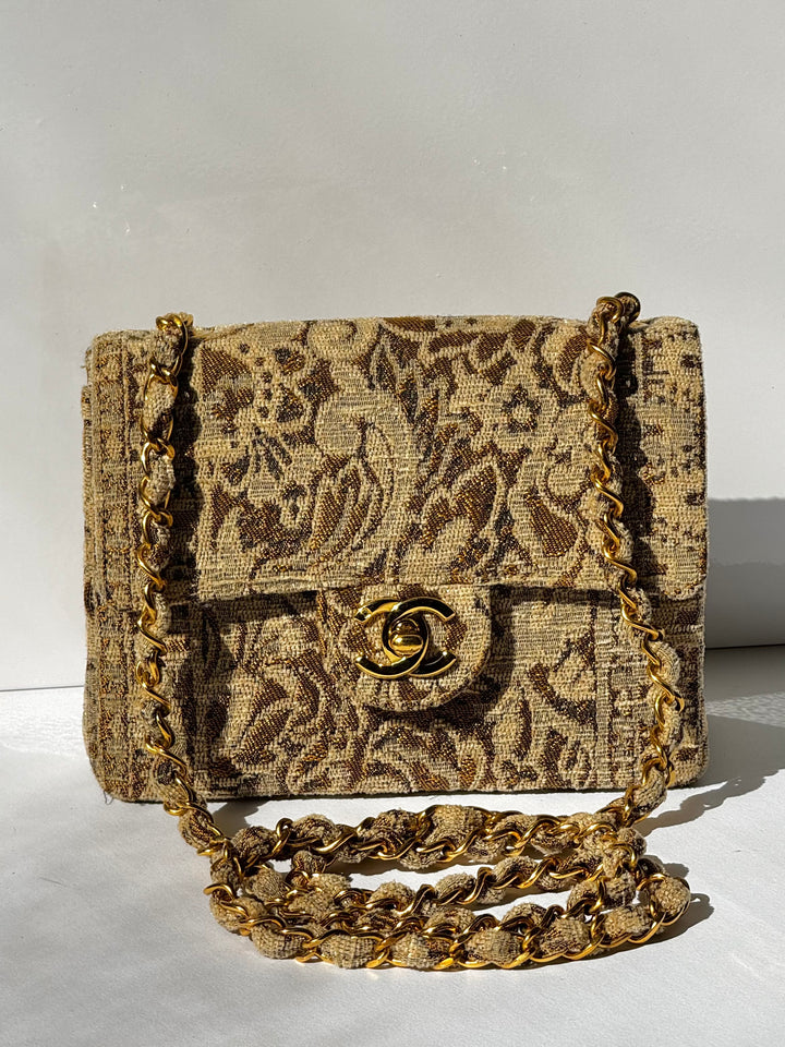 Chanel 1991 Bronze Metallic Brocade Vintage Mini Square Flap Bag