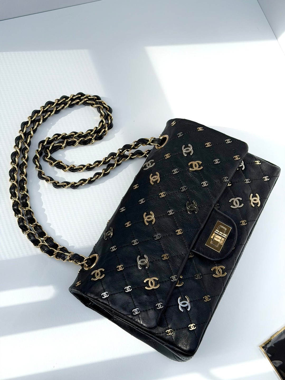 Chanel Medium Reissue 2.55 Flap Bag Black Leather Gold Hardware Punk Charms 2007