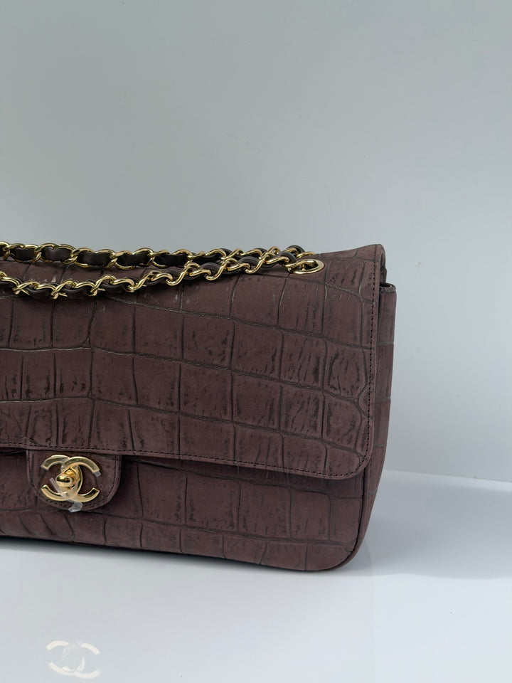Chanel Maxi Flap Bag Brown Croc-Embossed Suede Calfskin Gold Tone Hardware 2026