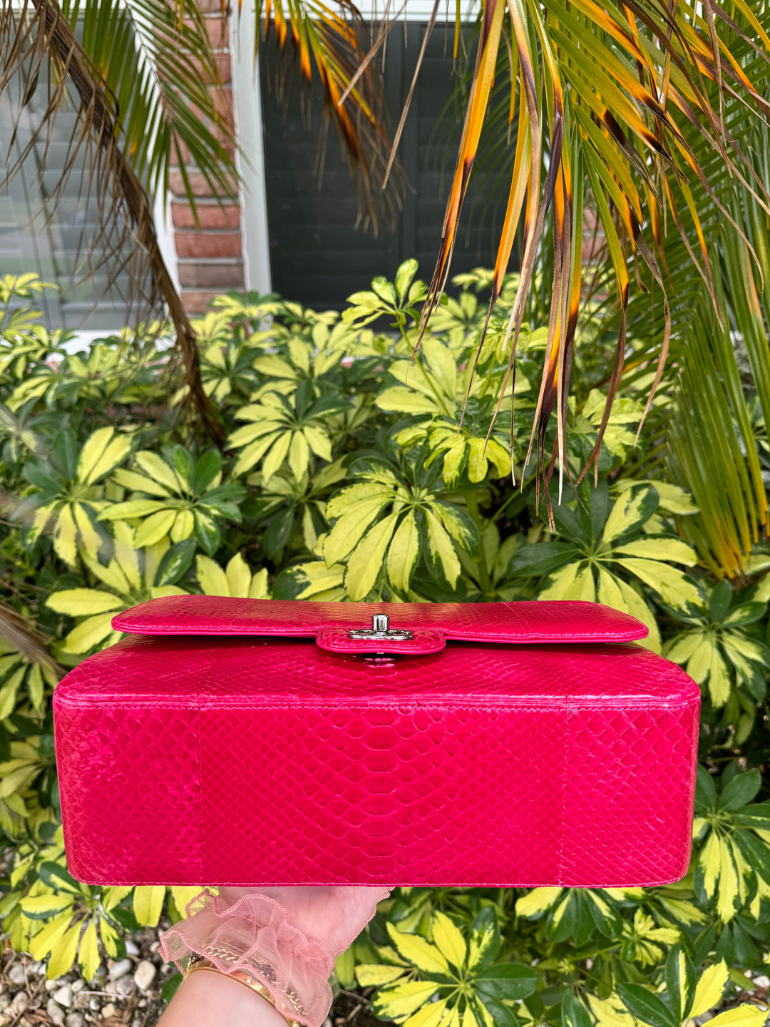 Chanel Fuschia Python Jumbo Double Flap