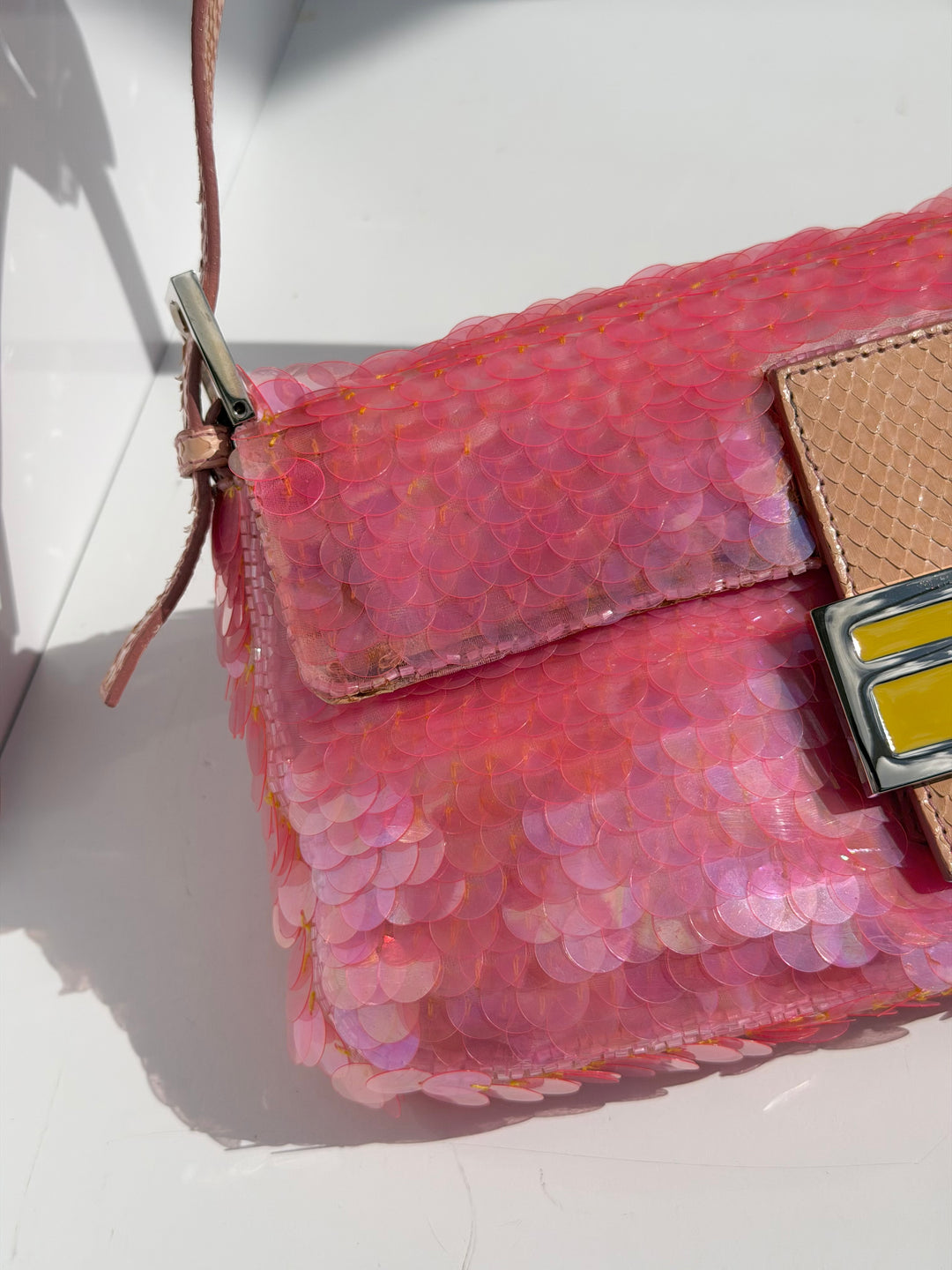 Fendi Pink Sequin Baguette Python Trim Silver Hardware 1998
