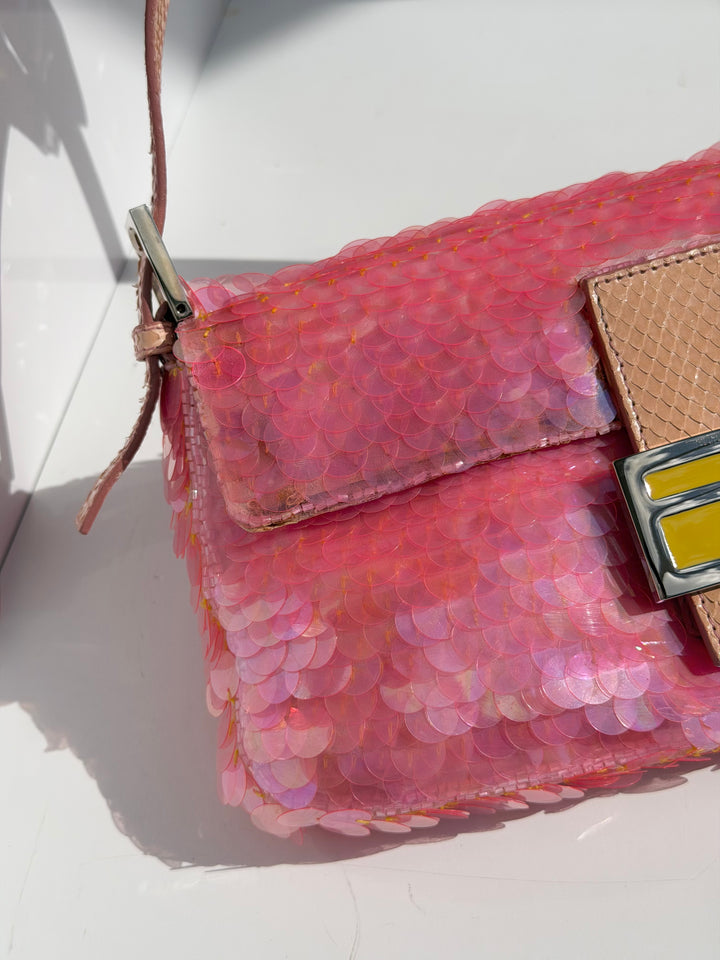 Fendi Pink Sequin Baguette Python Trim Silver Hardware 1998