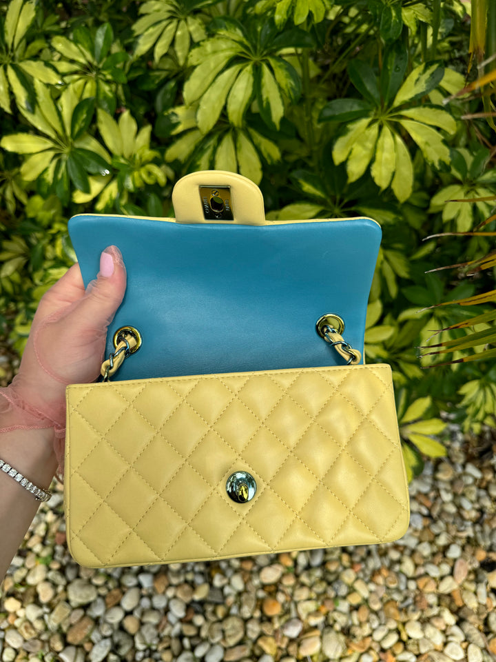 Chanel Yellow Lambskin Mini Flap Bag W Rainbow Hardware