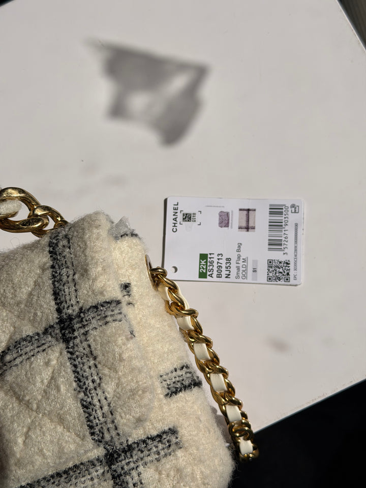 Chanel Small Elegant Chain Flap Wool Tweed White Black Gold Hardware 2022