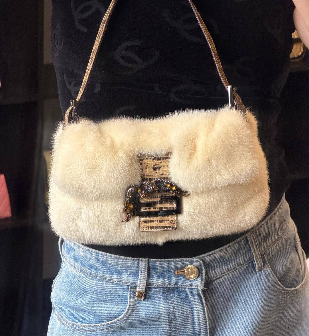 Fendi Crystal Embellished Baguette White Mink Fur Lizard Trim Gold Tone Hardware