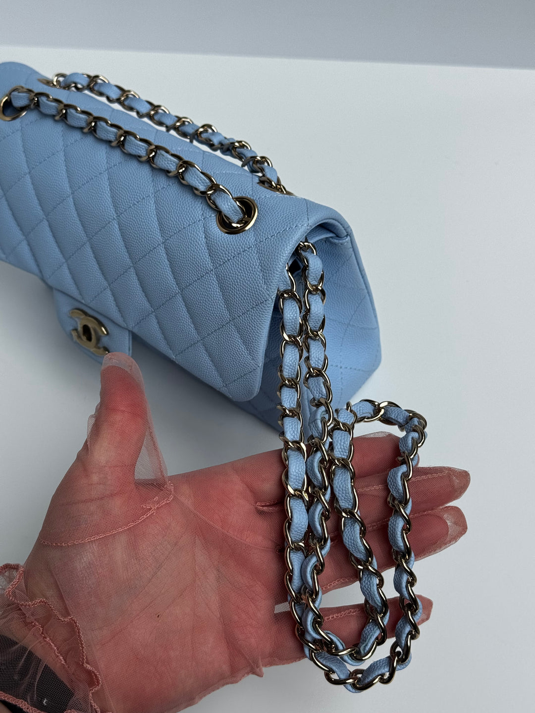 Chanel Small Classic Double Flap Caviar Light Blue Light Gold Hardware 2023
