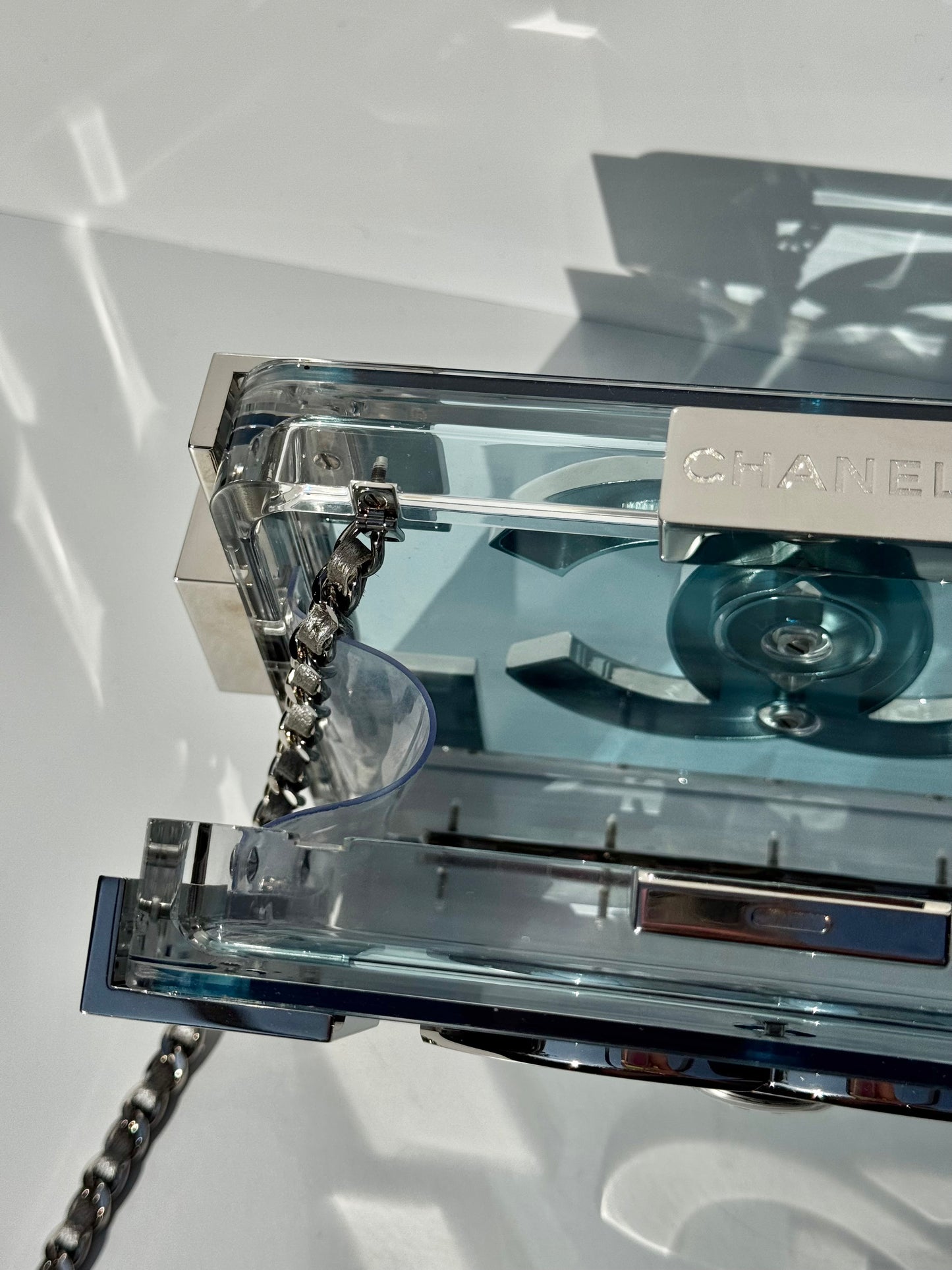 Chanel Plexiglass Blue & Silver Barcode Lego Minaudiere