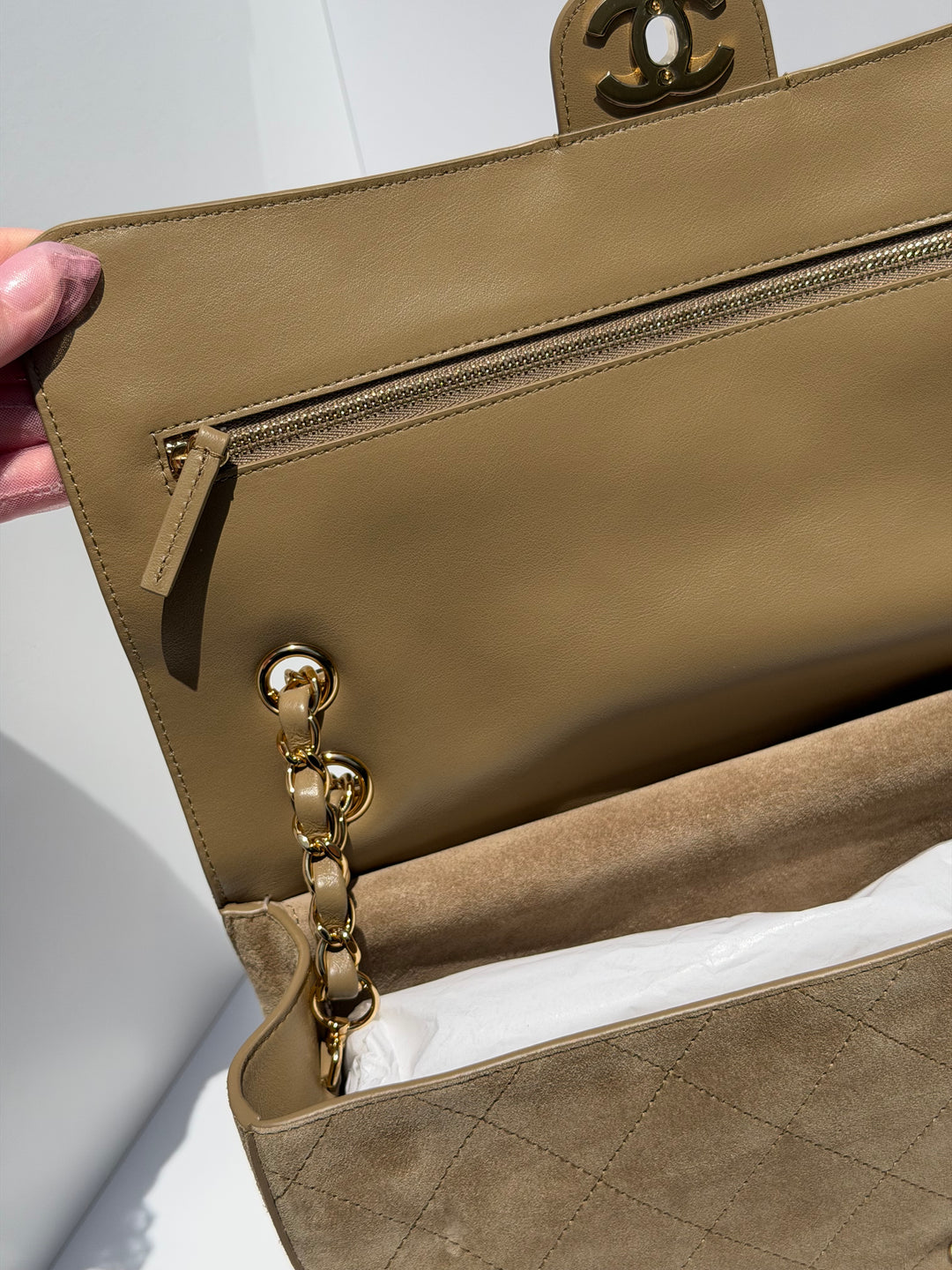 Chanel Maxi Flap Bag Beige Souplissimo Suede Calfskin Gold Tone Hardware 2026