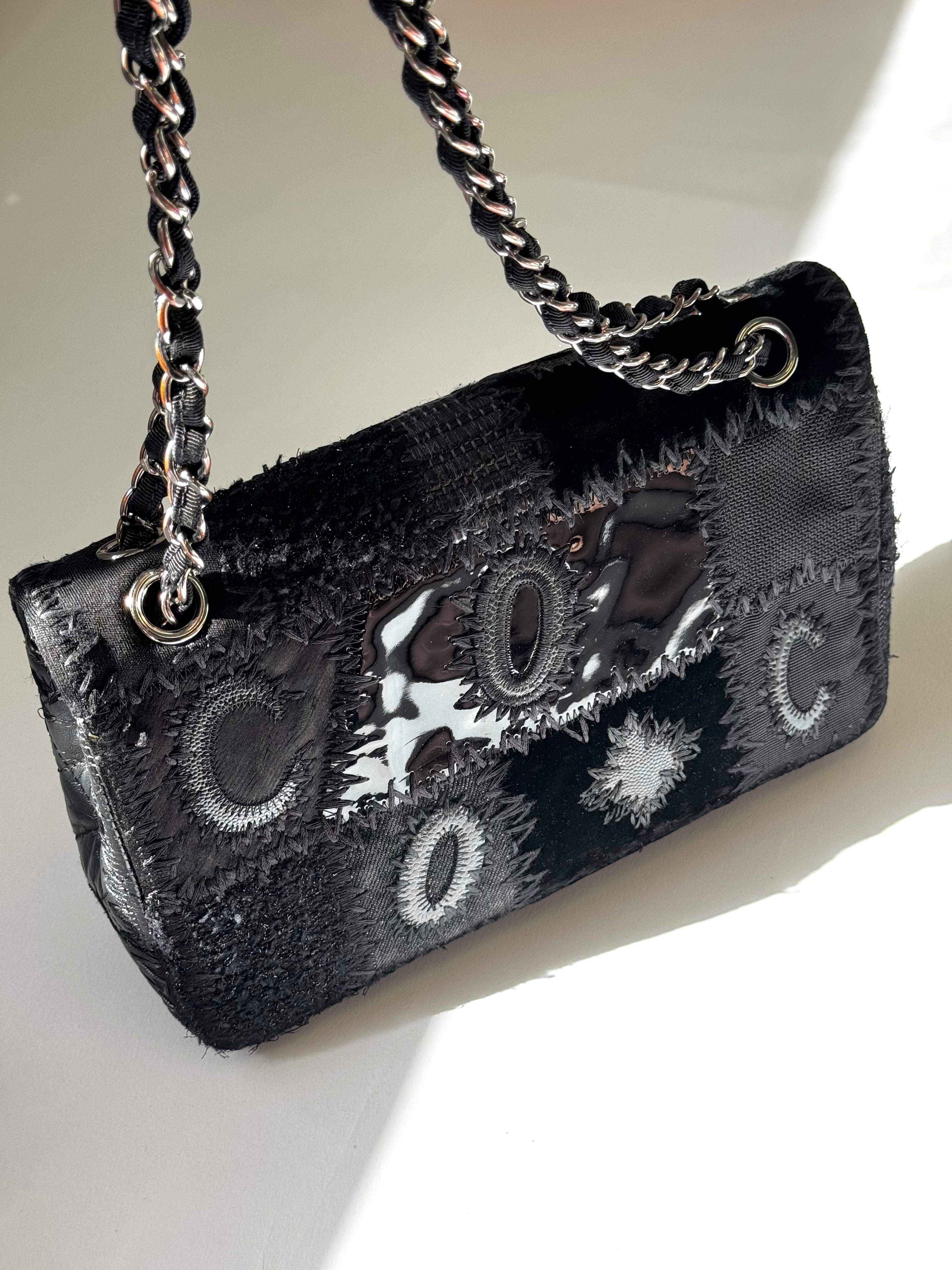 Chanel Black Patchwork Medium Single Flap Bag Silver Tone Hardware