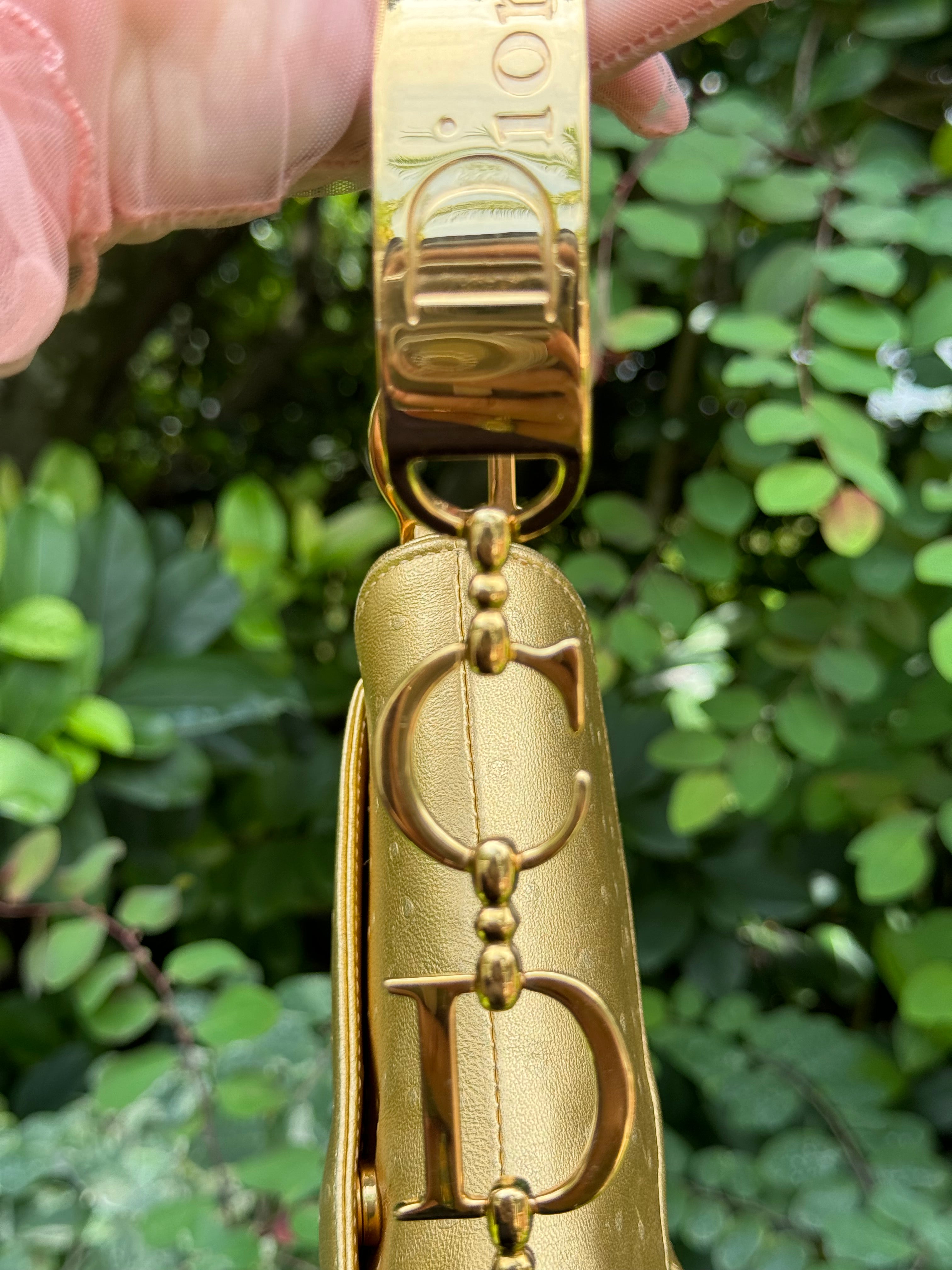 Christian Dior Metallic Gold Ostrich Saddle + Matching Pouch – Its