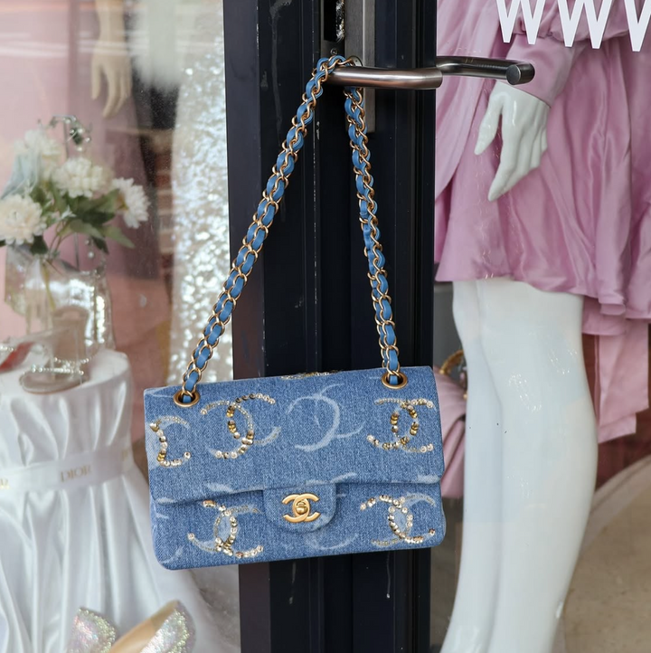 Chanel Medium Classic Flap Bag Blue CC Printed Denim with Sequins Aged Gold Tone Hardware 2023