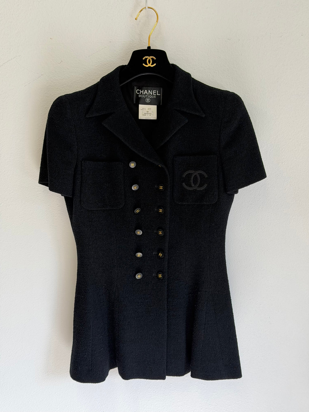 Chanel 1995 Black Tweed CC Logo Peplum Jacket