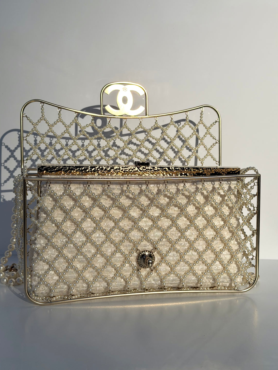 Chanel 2014 Pearl Embellished Caged Flap Minaudière Bag