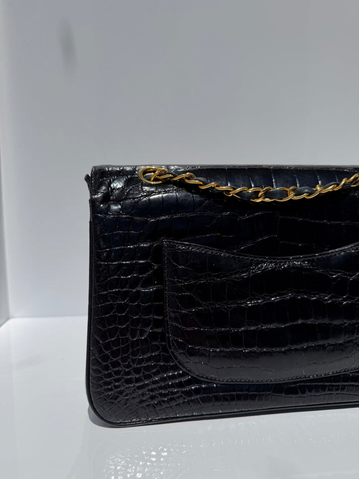 Chanel Medium Classic Flap Bag Alligator Black 24K Plated Gold Hardware 1997