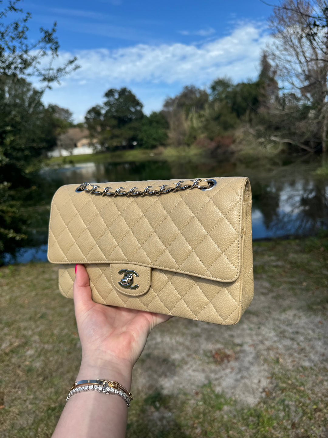Chanel 2003 Beige Medium Caviar Classic Flap