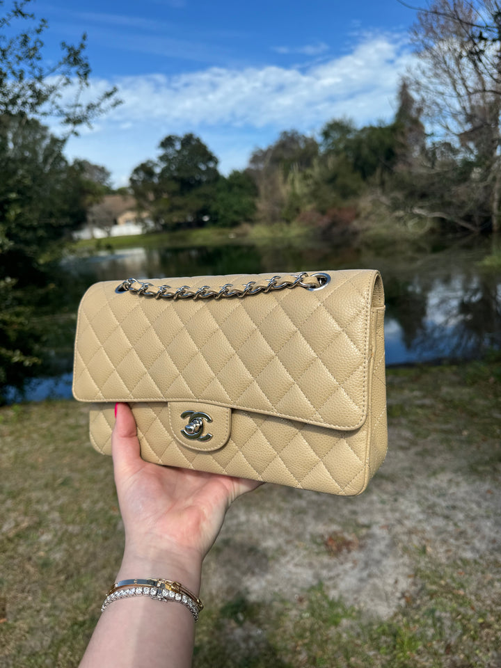 Chanel 2003 Beige Medium Caviar Classic Flap