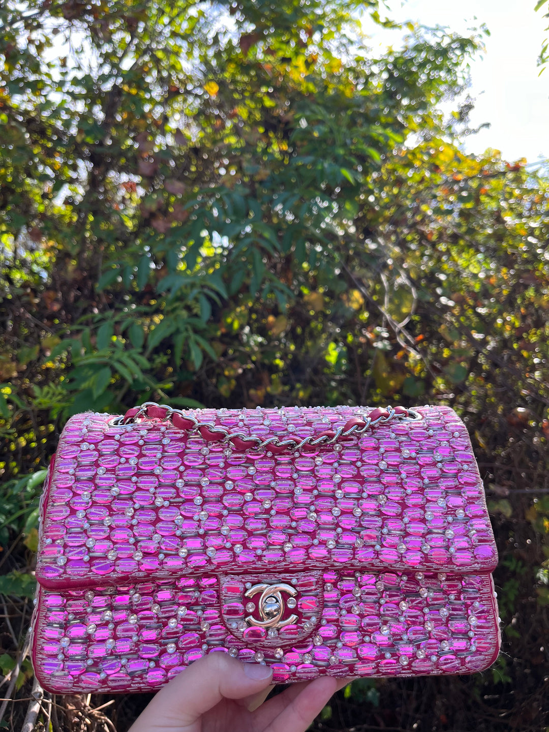 Chanel Pink Beaded Satin Medium Double Flap Bag