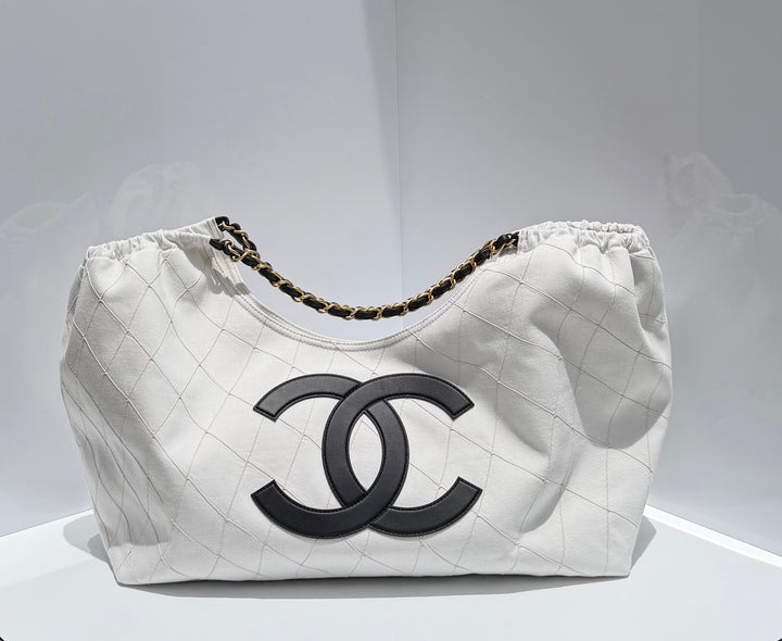 Chanel Coco Beach Maxi Shopping Bag White Denim Black Calfskin Gold Hardware 2026