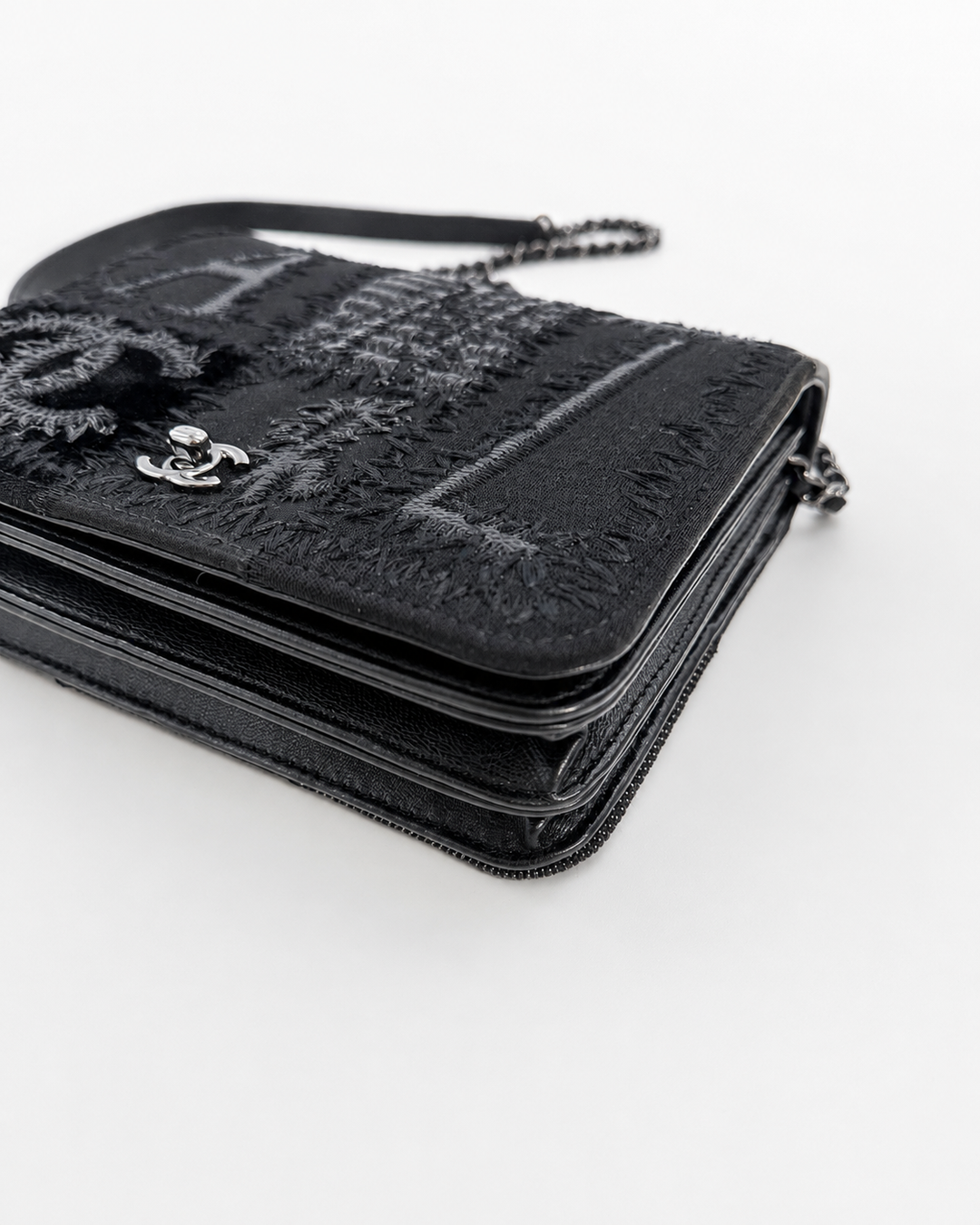 Chanel Black Mixed Media Patchwork Square Wallet on Chain Silver Hardware 2018