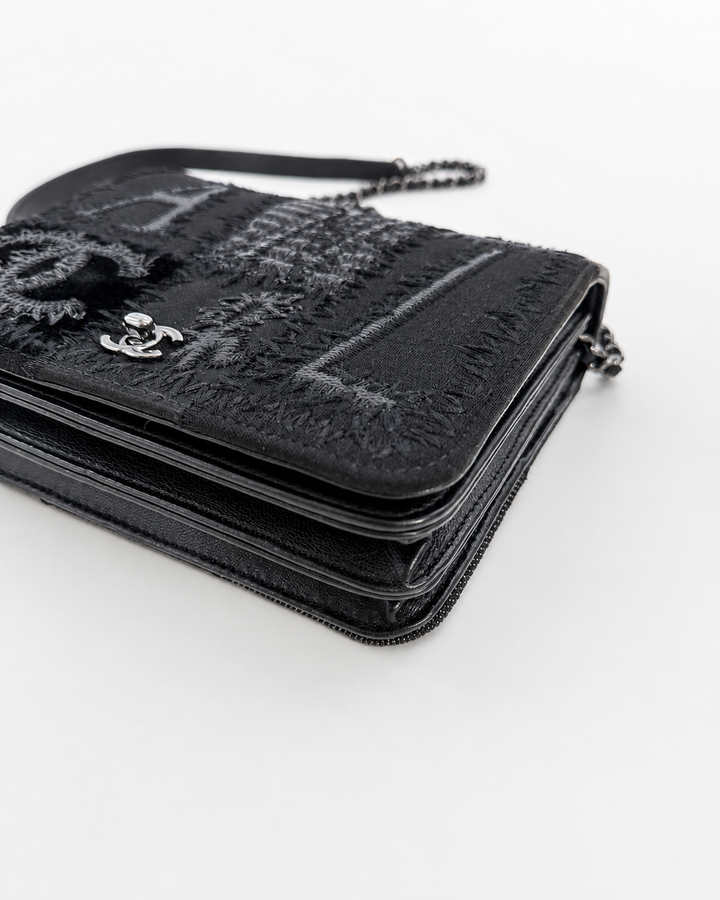 Chanel Black Mixed Media Patchwork Square Wallet on Chain Silver Hardware 2018