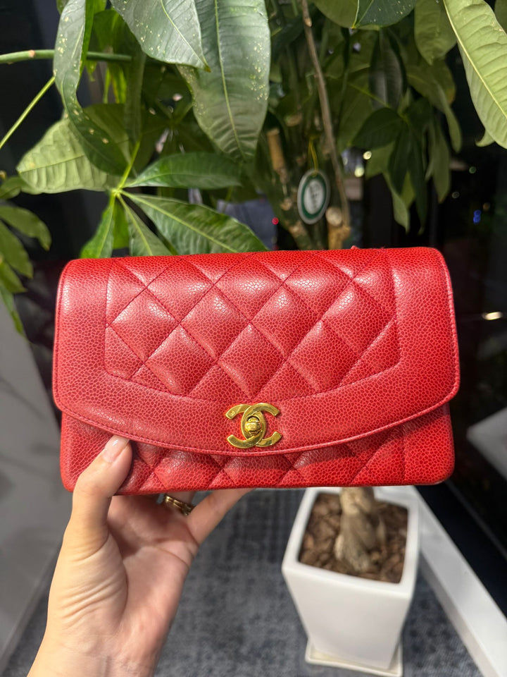 Chanel Small Diana Flap Bag Caviar Red 24K Plated Gold Hardware 1994