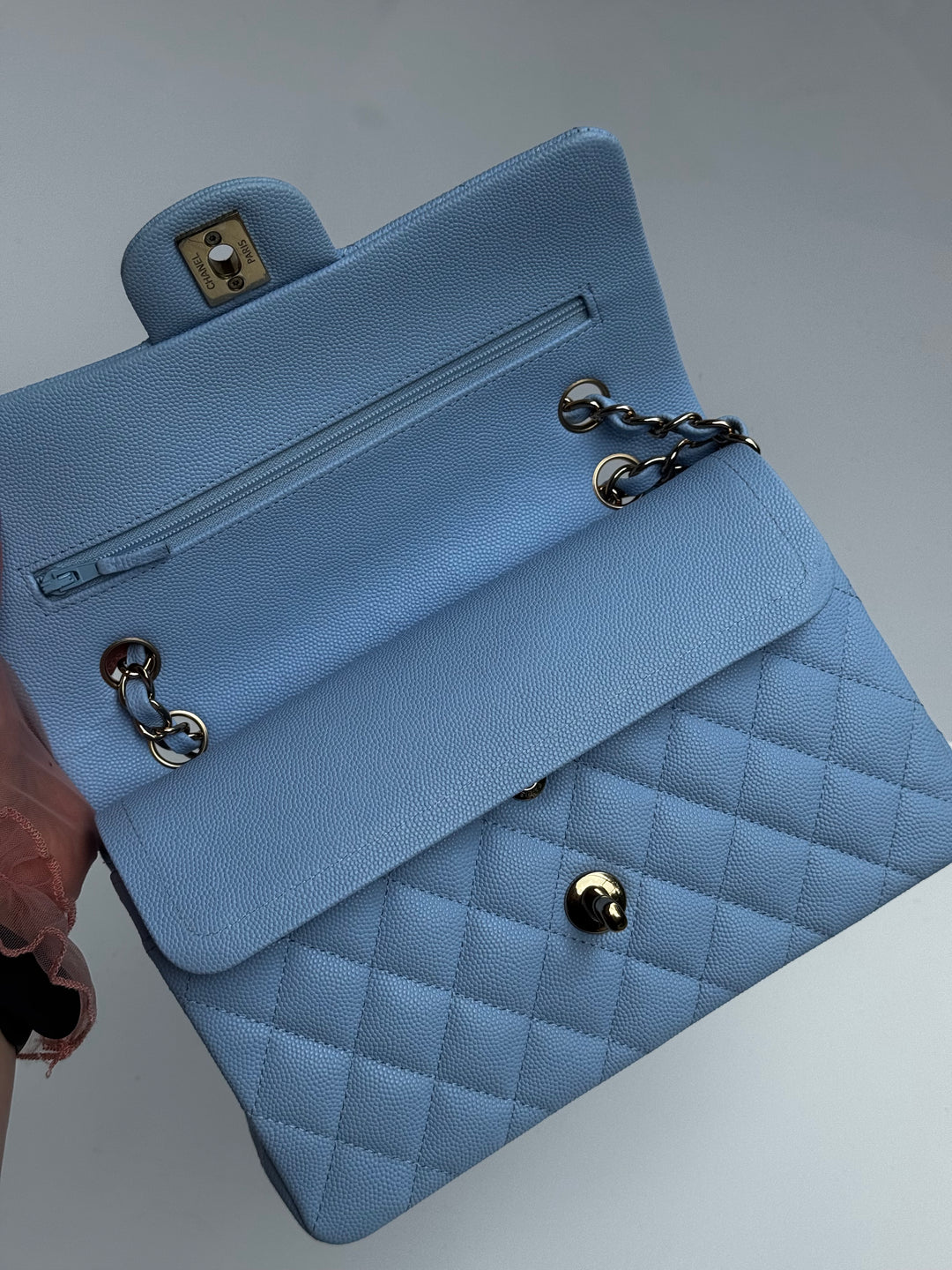 Chanel Small Classic Double Flap Caviar Light Blue Light Gold Hardware 2023
