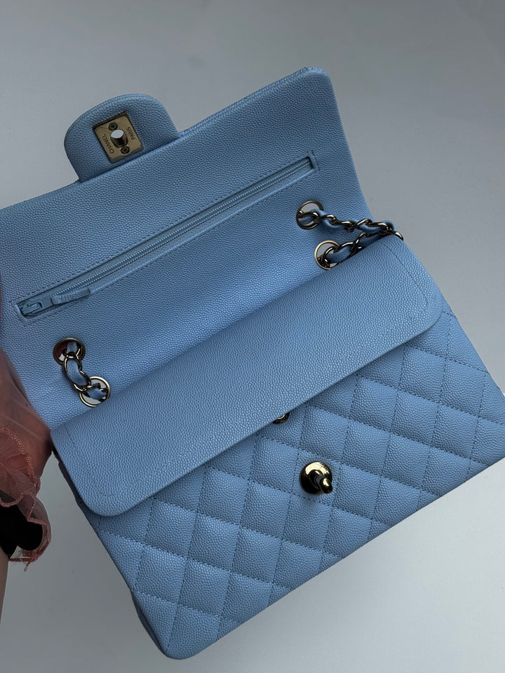 Chanel Small Classic Double Flap Caviar Light Blue Light Gold Hardware 2023