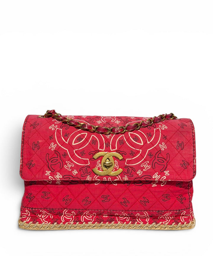 Chanel Vintage Red Bandana Paisley Print Straw Maxi Jumbo Flap Bag 1994