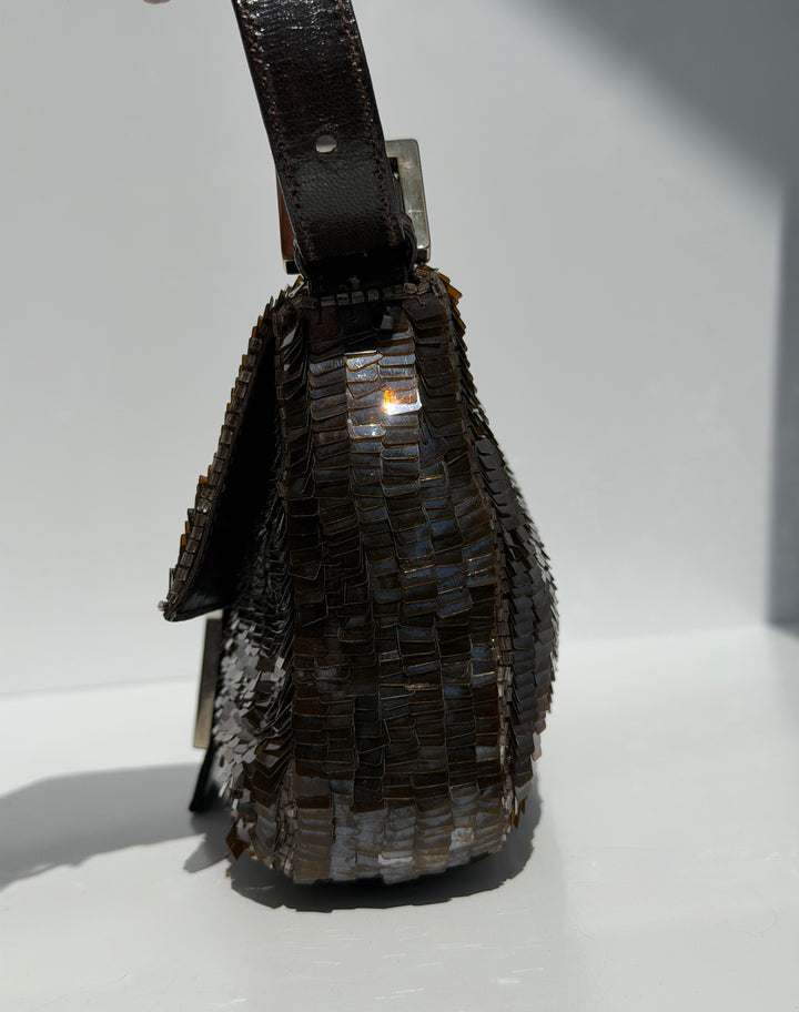 Fendi Brown Sequin Zucca FF Baguette Silver Hardware