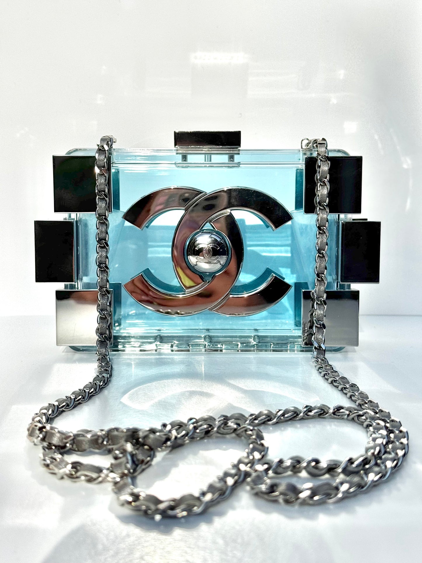 Chanel Plexiglass Blue & Silver Barcode Lego Minaudiere