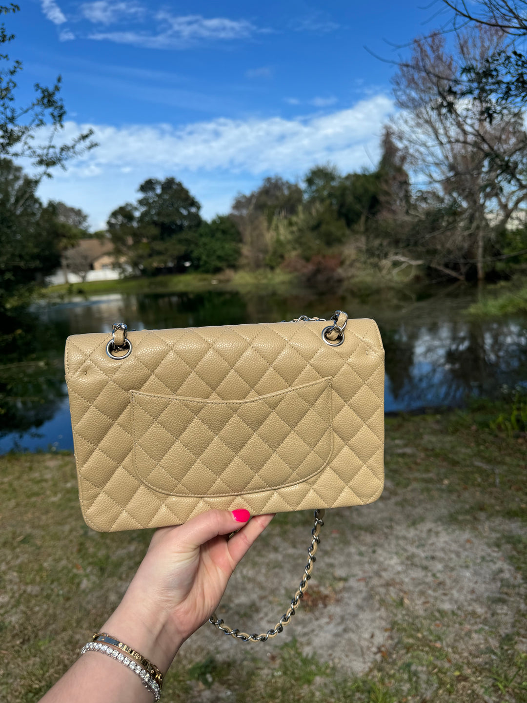Chanel 2003 Beige Medium Caviar Classic Flap