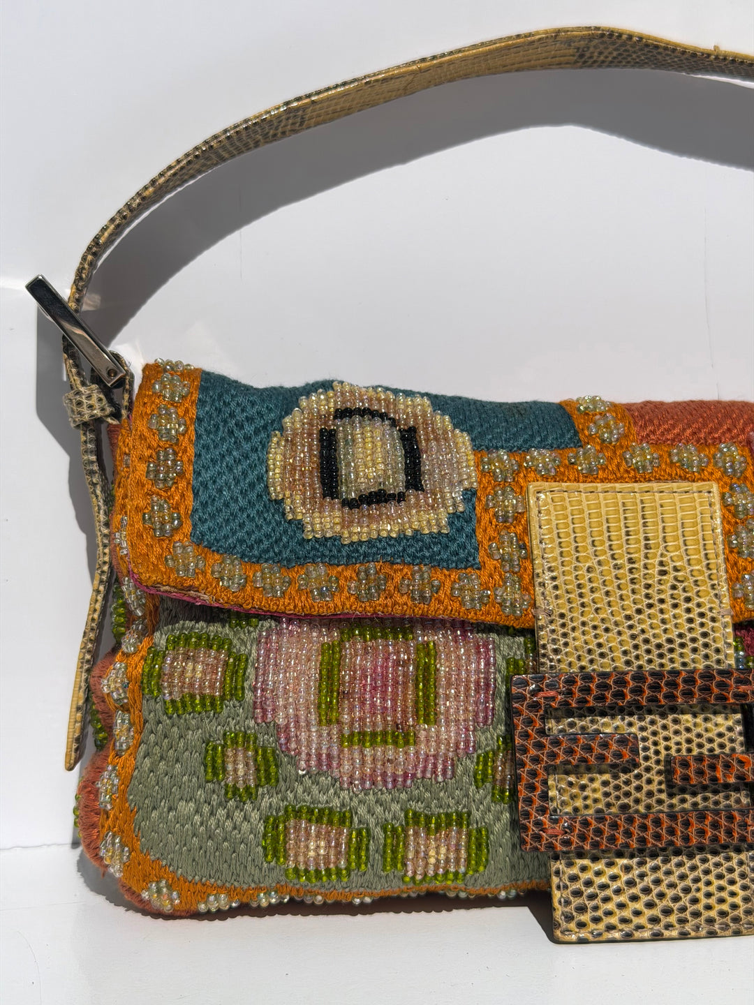 Fendi Multicolor Orange Beaded Baguette Lizard Trim Silver Hardware